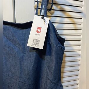 Tulip Blue Denim Dress Bubble hem 
Smocking at the back
Length 44